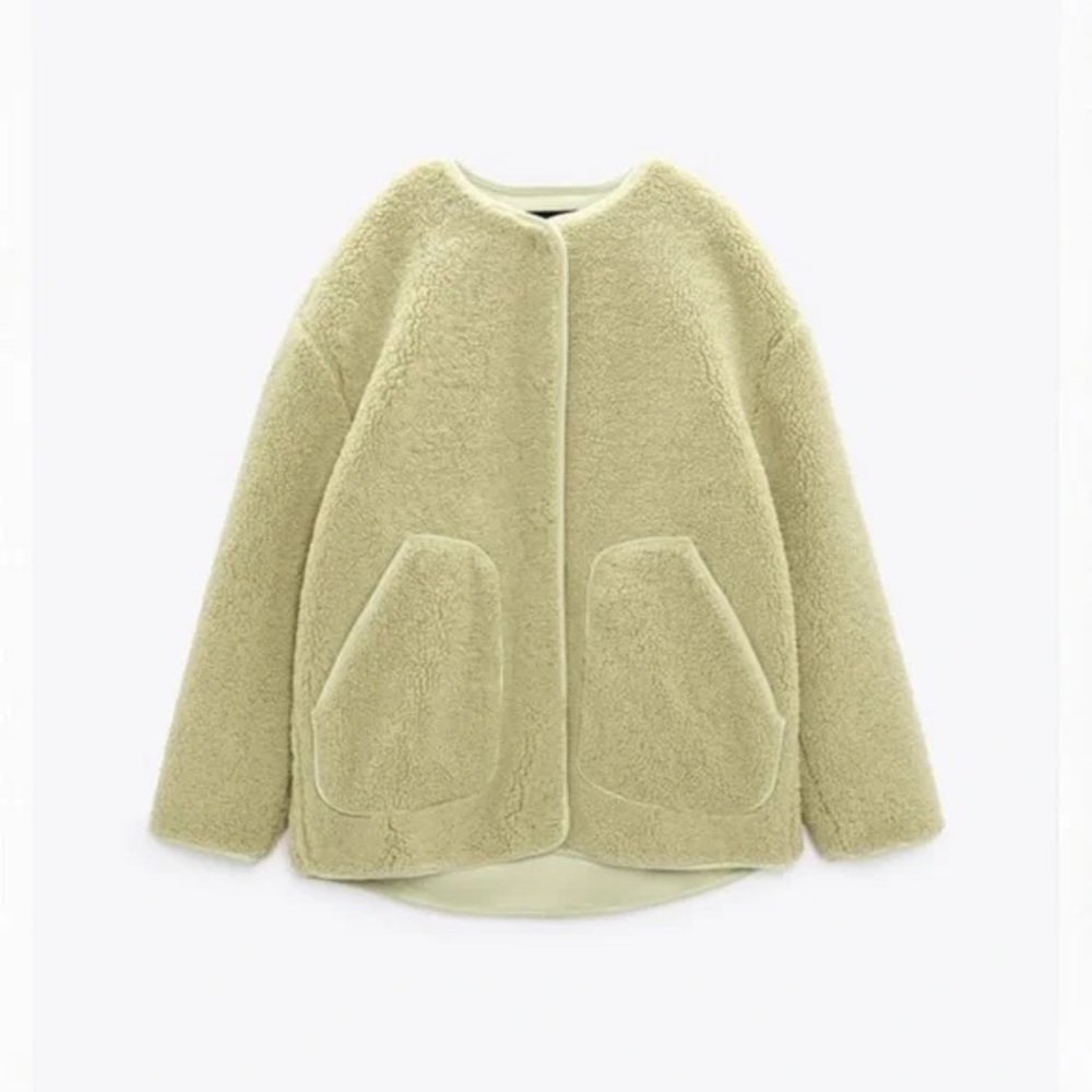 GREEN ZARA SHEARLING COAT JACKET